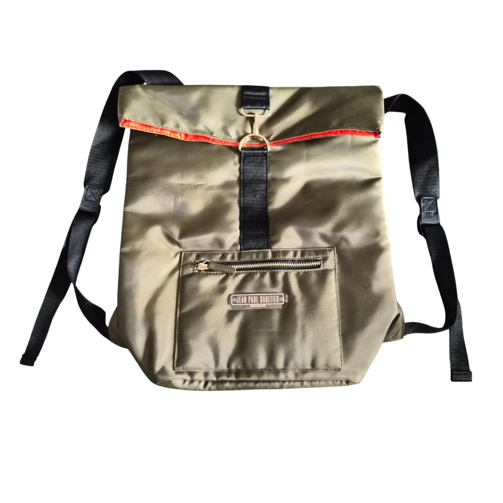 Jean Paul Gaultier Parfums Olive Green Nylon Foldover Backpack Orange Lining